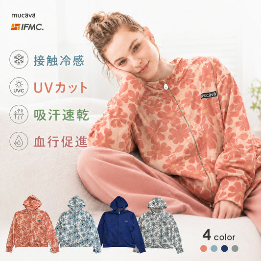 mucava IFMC. 血行促進 UVカット 接触冷感 北欧フラワー柄 オーバーサイズ スムースジップパーカー
