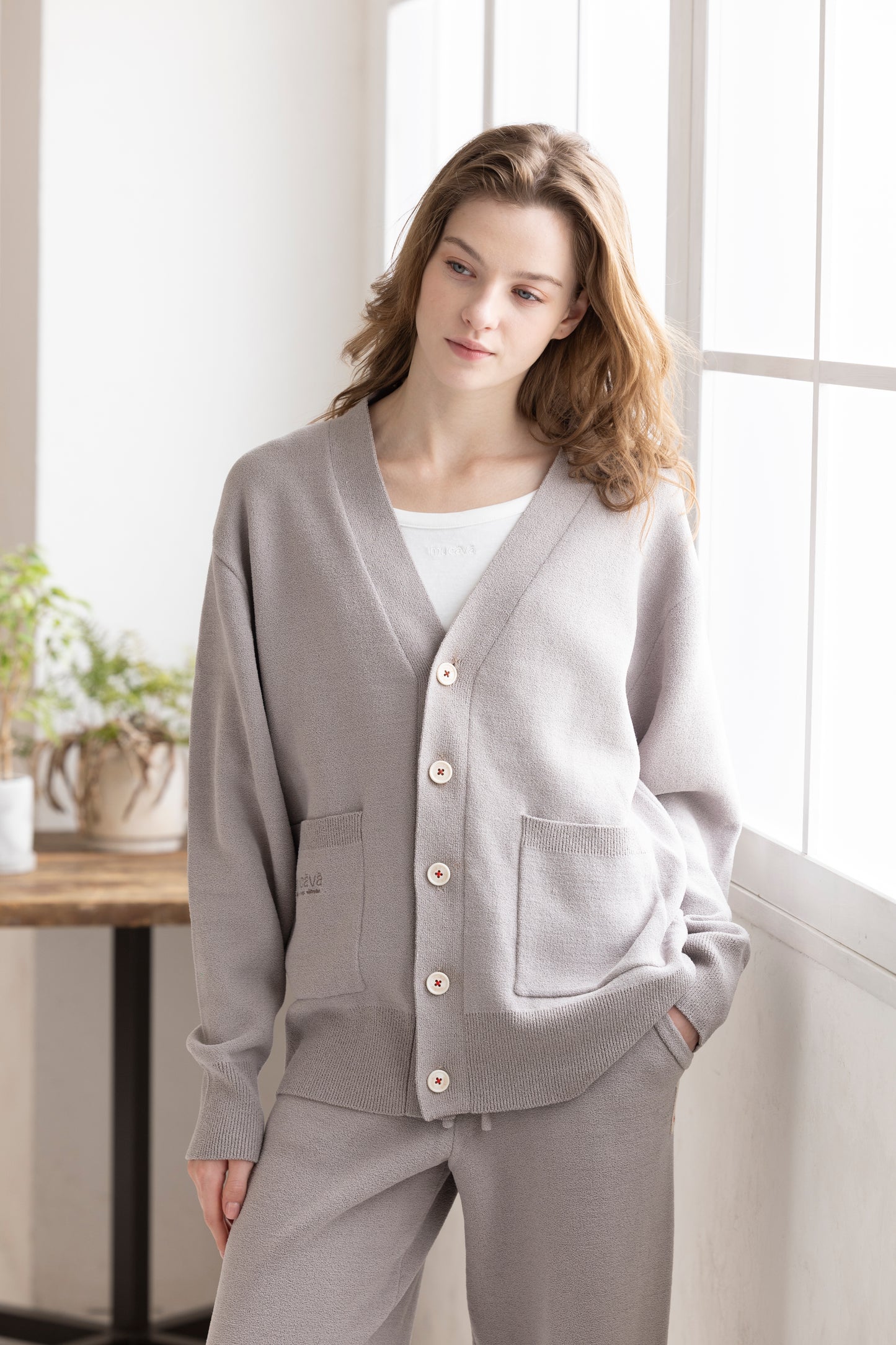 血行促進プレーティングニットカーディガン